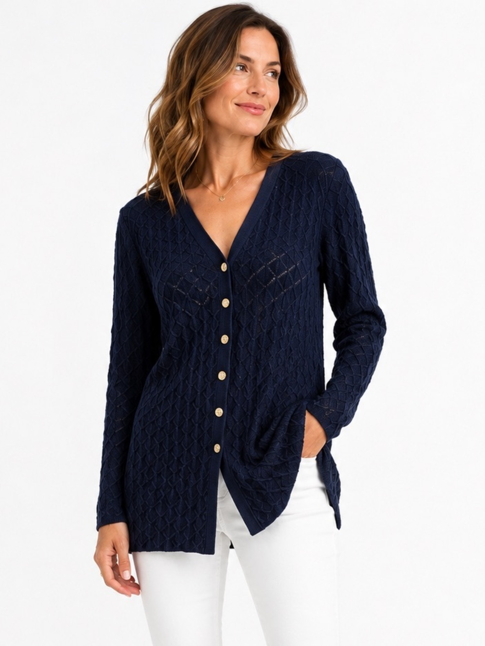 St John Navy Textured Knit Cardigan Gold Buttons US 12 Large